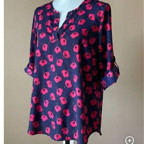 41 Hawthorn (Stitch Fix) navy blue long sleeve blouse w/ red poppy design, M - Picture 3 of 8